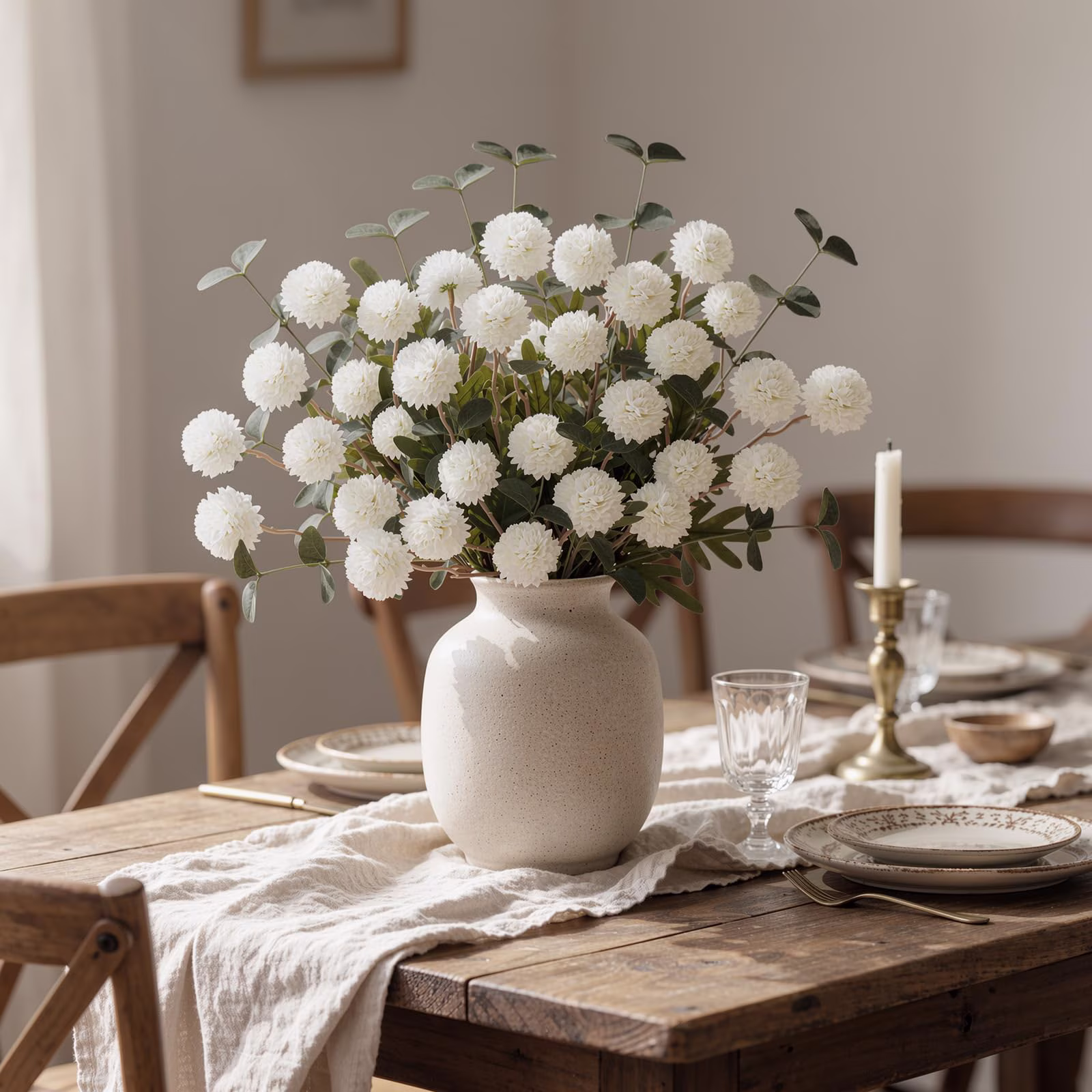 Lewondr Artificial Fall Fake Flowers Silk Pompon Mums, 8Pcs Faux Chrysanthemum with 8 Stem Eucalyptus, Autumn Floral Centerpieces for Home Table DIY Bouquet Wedding Decorations, White