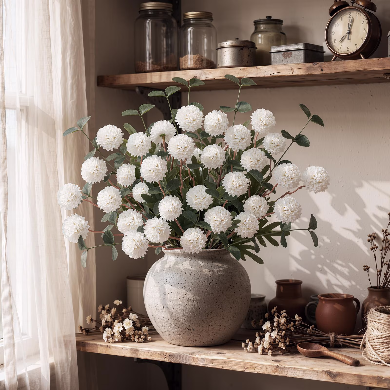 Lewondr Artificial Fall Fake Flowers Silk Pompon Mums, 8Pcs Faux Chrysanthemum with 8 Stem Eucalyptus, Autumn Floral Centerpieces for Home Table DIY Bouquet Wedding Decorations, White