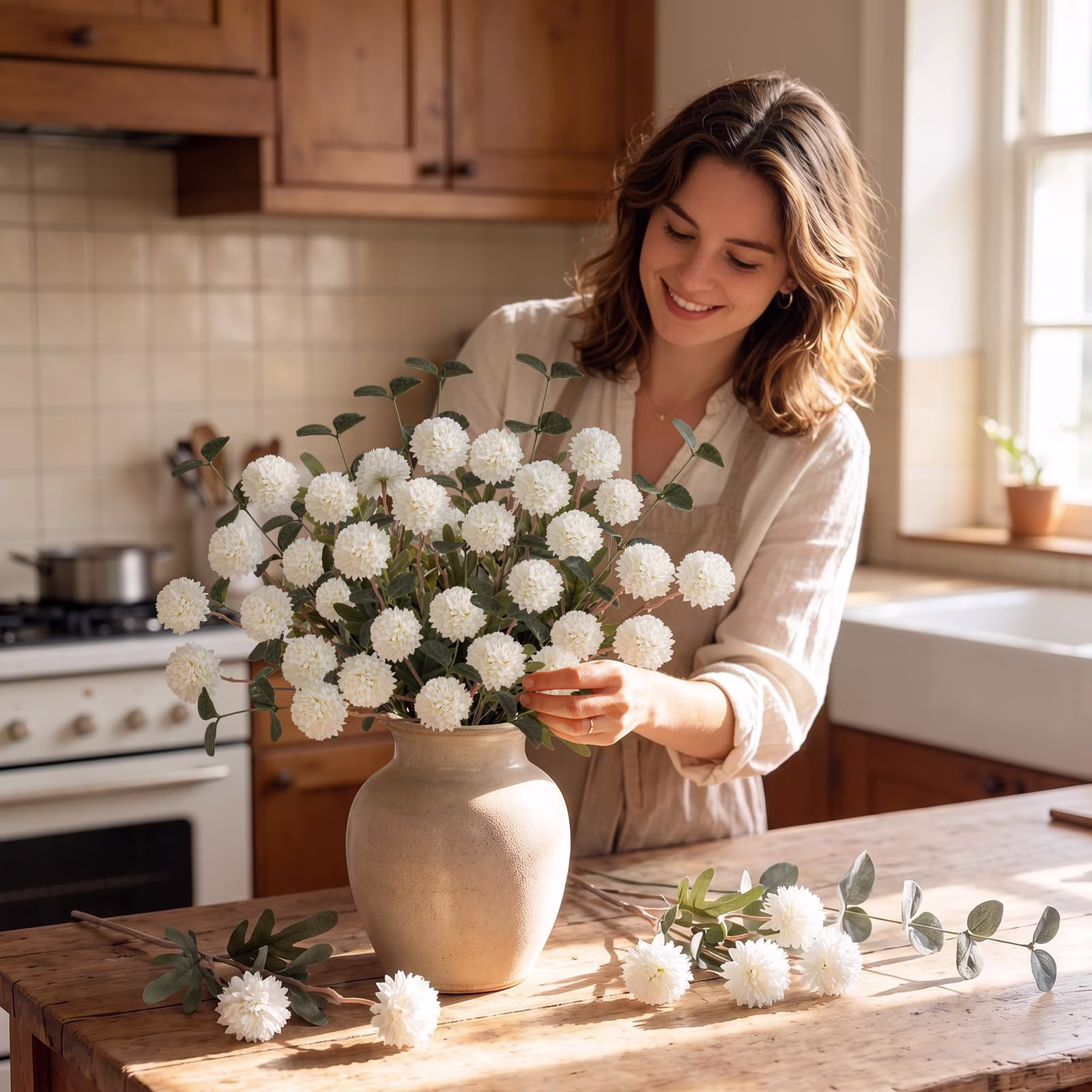 Lewondr Artificial Fall Fake Flowers Silk Pompon Mums, 8Pcs Faux Chrysanthemum with 8 Stem Eucalyptus, Autumn Floral Centerpieces for Home Table DIY Bouquet Wedding Decorations, White