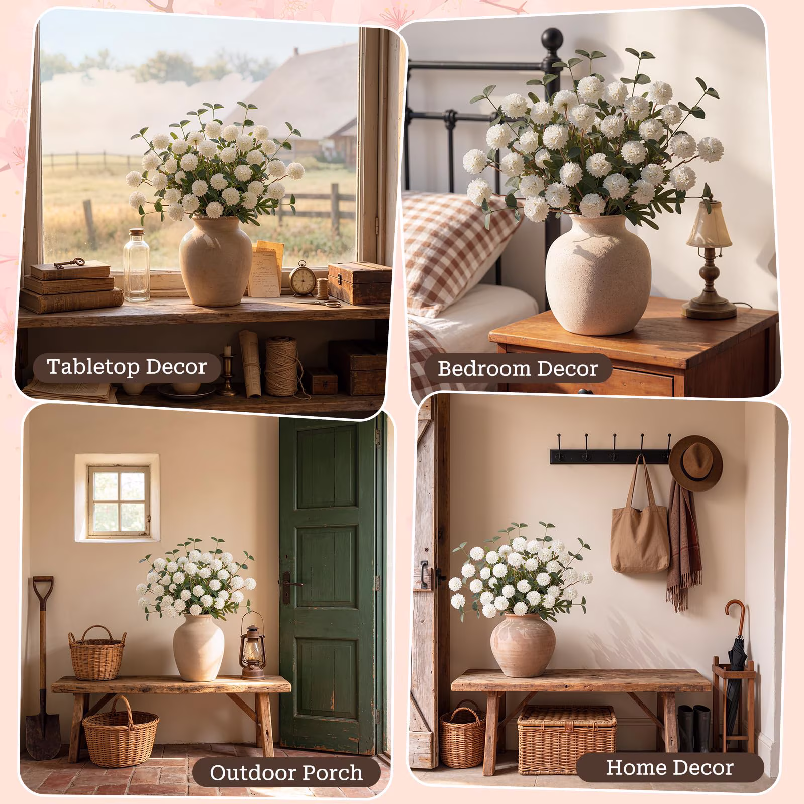 Lewondr Artificial Fall Fake Flowers Silk Pompon Mums, 8Pcs Faux Chrysanthemum with 8 Stem Eucalyptus, Autumn Floral Centerpieces for Home Table DIY Bouquet Wedding Decorations, White