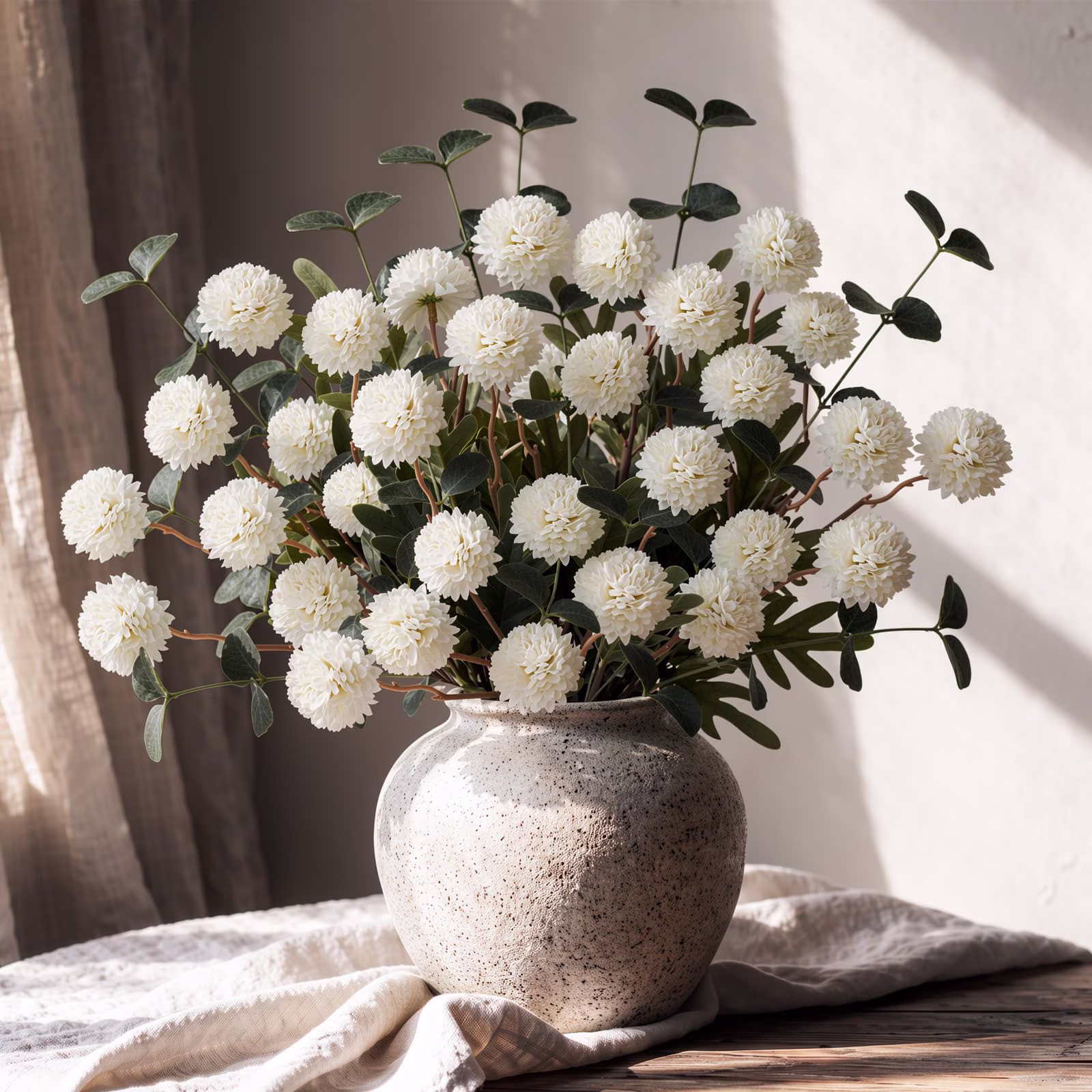 Lewondr Artificial Fall Fake Flowers Silk Pompon Mums, 8Pcs Faux Chrysanthemum with 8 Stem Eucalyptus, Autumn Floral Centerpieces for Home Table DIY Bouquet Wedding Decorations, White