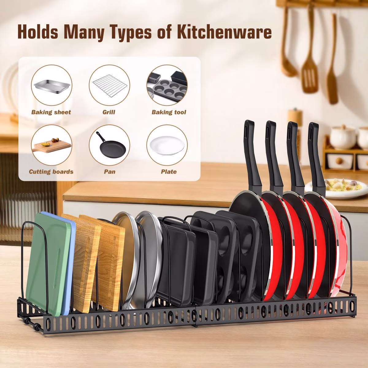 Housolution Cutting Board Organizer Rack, Expandable Baking Tray and Cookie Sheet Organizer with 14 Adjustable Dividers, Pot and Pan Organizer Rack for Cabinet, Black