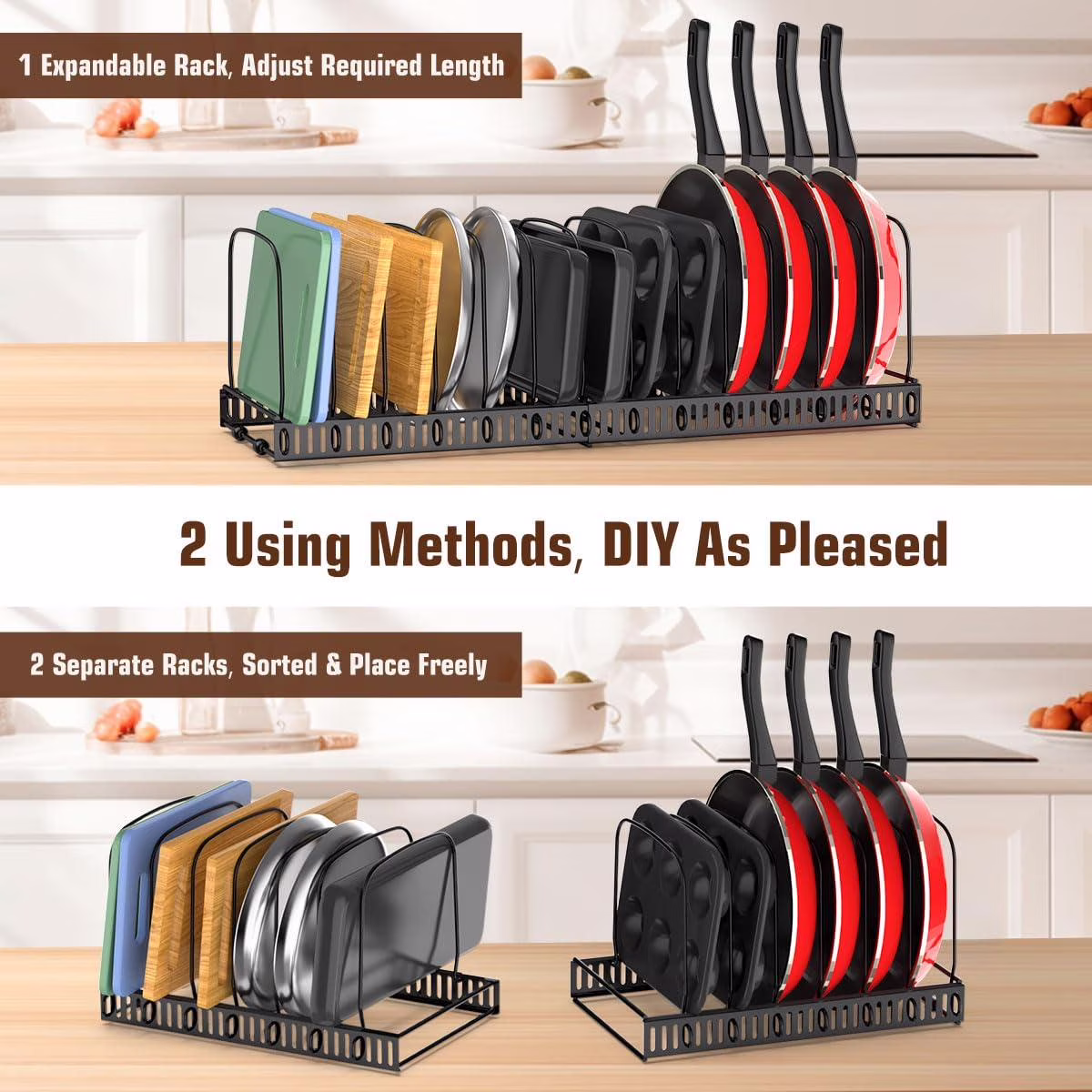Housolution Cutting Board Organizer Rack, Expandable Baking Tray and Cookie Sheet Organizer with 14 Adjustable Dividers, Pot and Pan Organizer Rack for Cabinet, Black