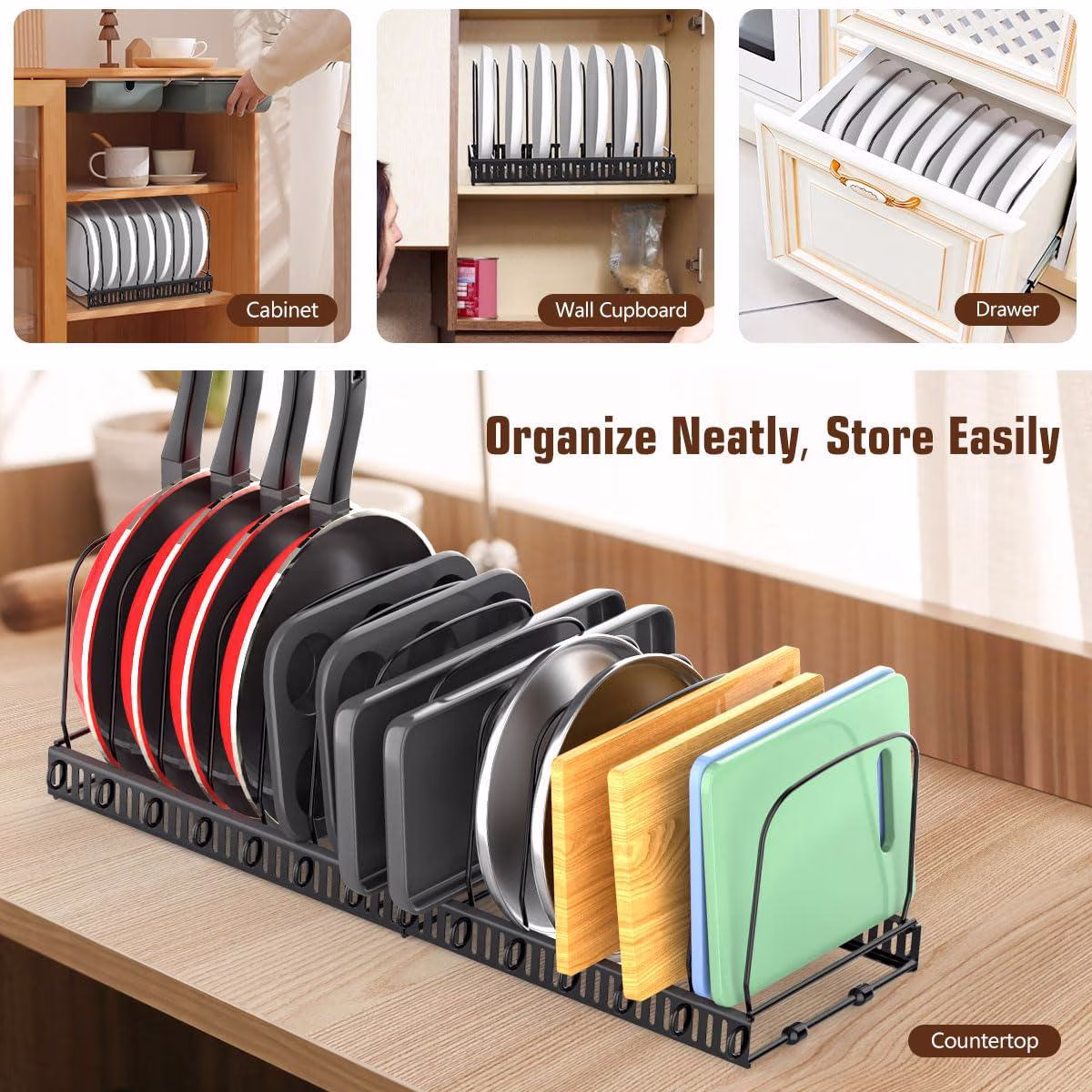 Housolution Cutting Board Organizer Rack, Expandable Baking Tray and Cookie Sheet Organizer with 14 Adjustable Dividers, Pot and Pan Organizer Rack for Cabinet, Black