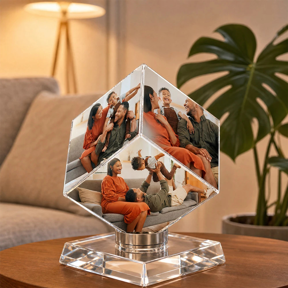✨ Custom Rotating Photo Crystal Cube For Dad – Father' Day Gift 📸