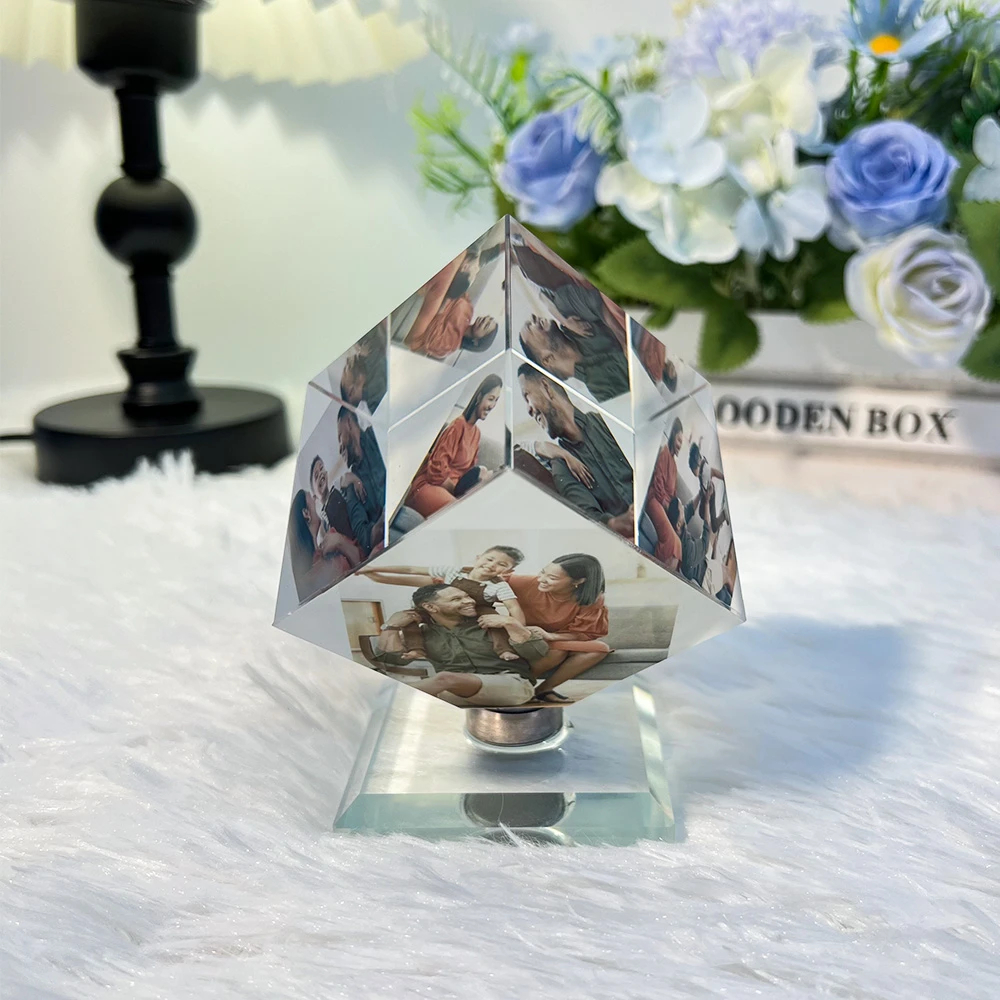 ✨ Custom Rotating Photo Crystal Cube For Dad – Father' Day Gift 📸