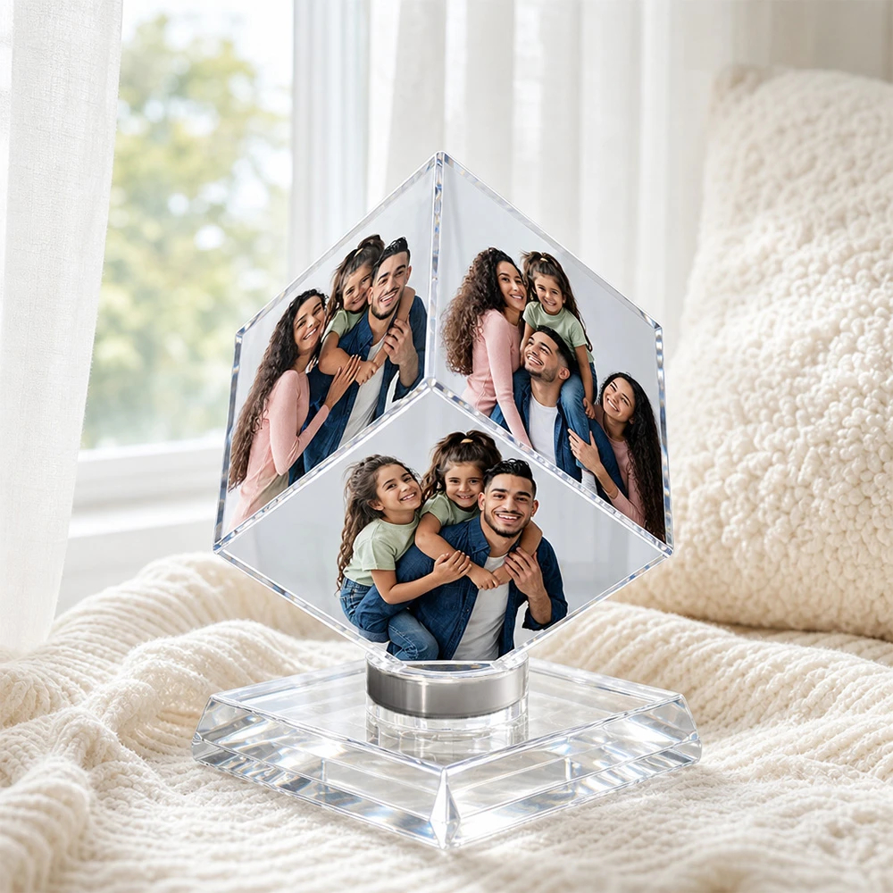 ✨ Custom Rotating Photo Crystal Cube For Dad – Father' Day Gift 📸