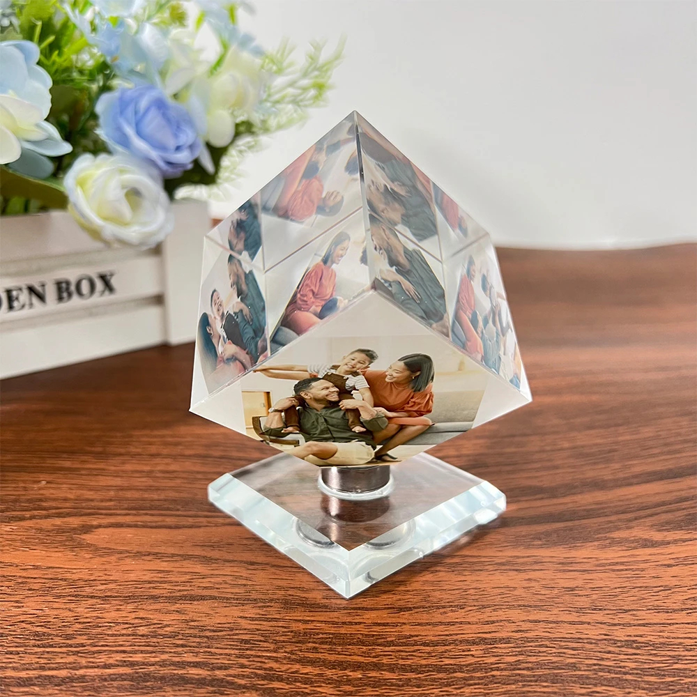 ✨ Custom Rotating Photo Crystal Cube For Dad – Father' Day Gift 📸