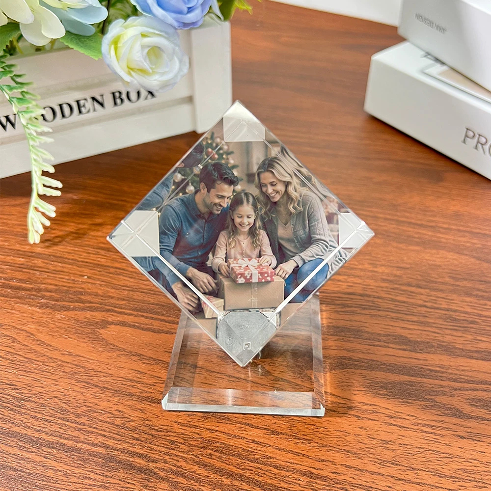 ✨ Custom Rotating Photo Crystal Cube For Dad – Father' Day Gift 📸