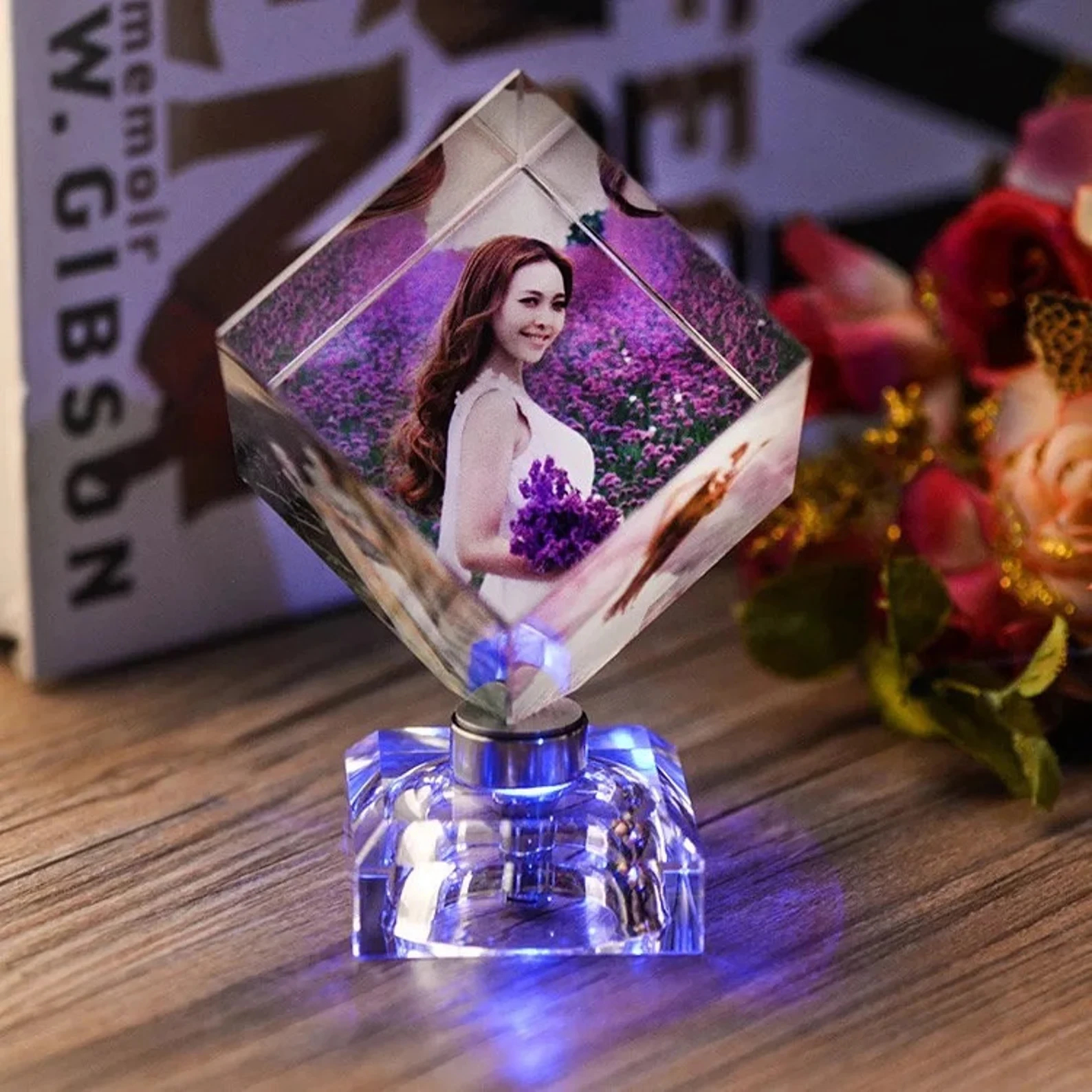 ✨ Custom Rotating Photo Crystal Cube For Dad – Father' Day Gift 📸