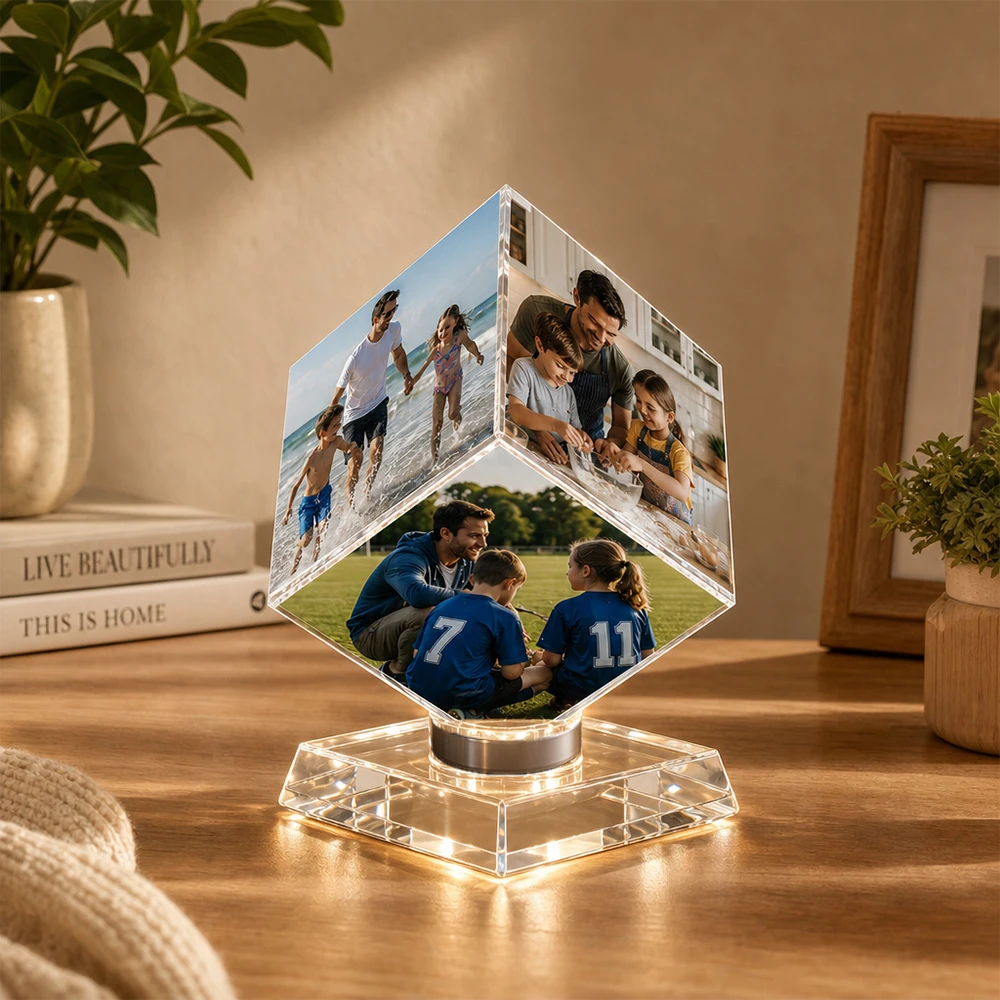 ✨ Custom Rotating Photo Crystal Cube For Dad – Father' Day Gift 📸