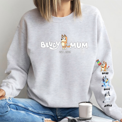 Custom Cartoon Mama Sweatshirt with Kid's Name on Sleeve