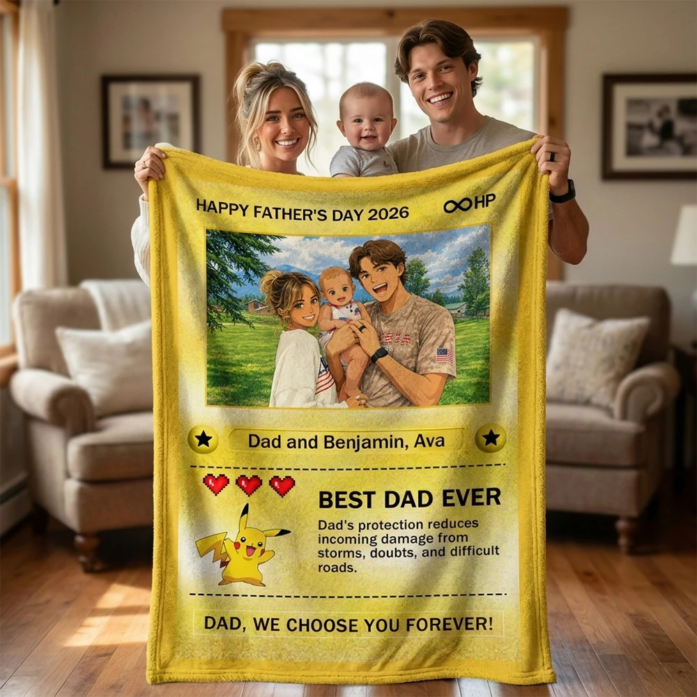 Custom Anime Photo Blanket "Best Dad Ever" Card Pokecard Style