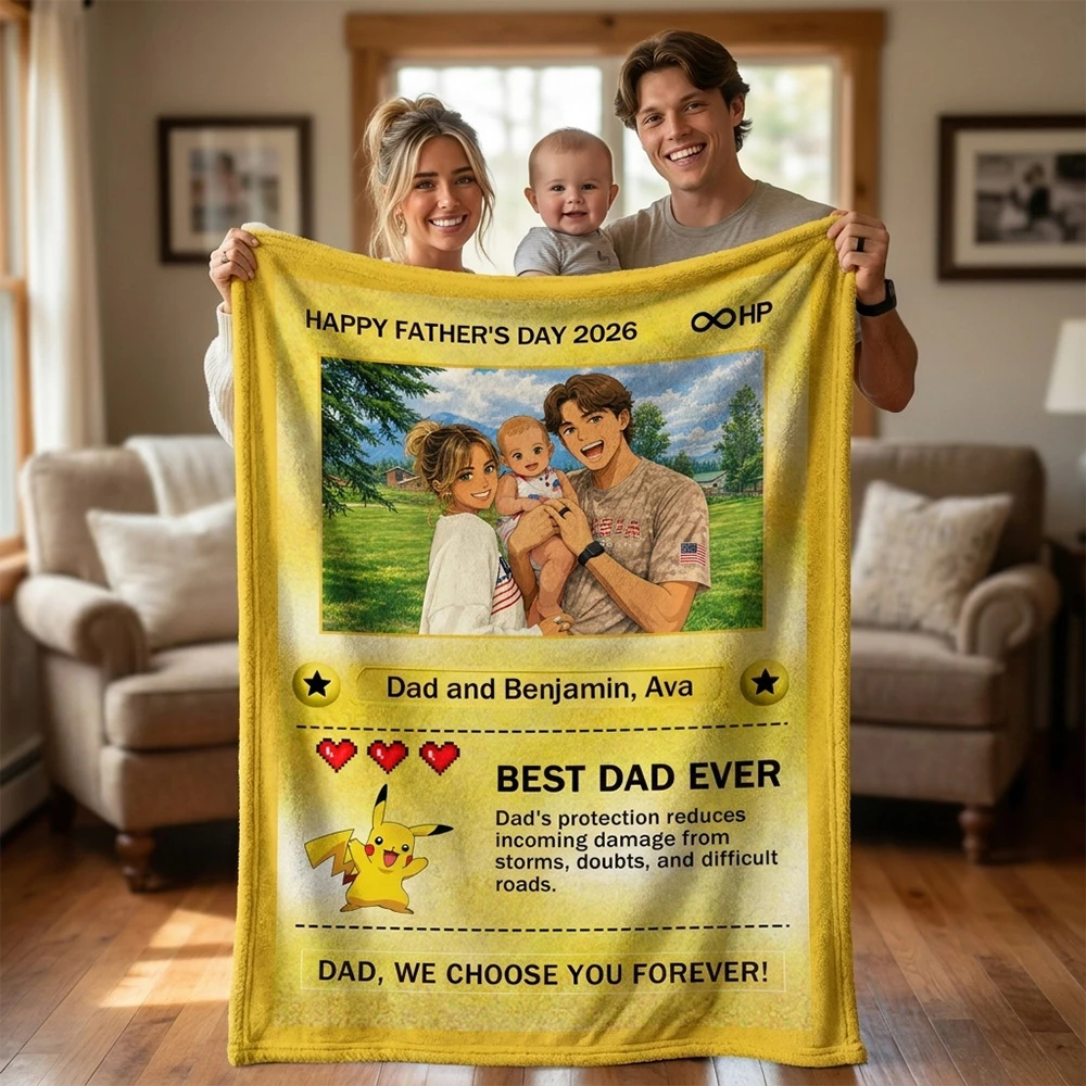 Custom Anime Photo Blanket "Best Dad Ever" Card Pokecard Style