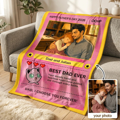 Custom Anime Photo Blanket "Best Dad Ever" Card Pokecard Style