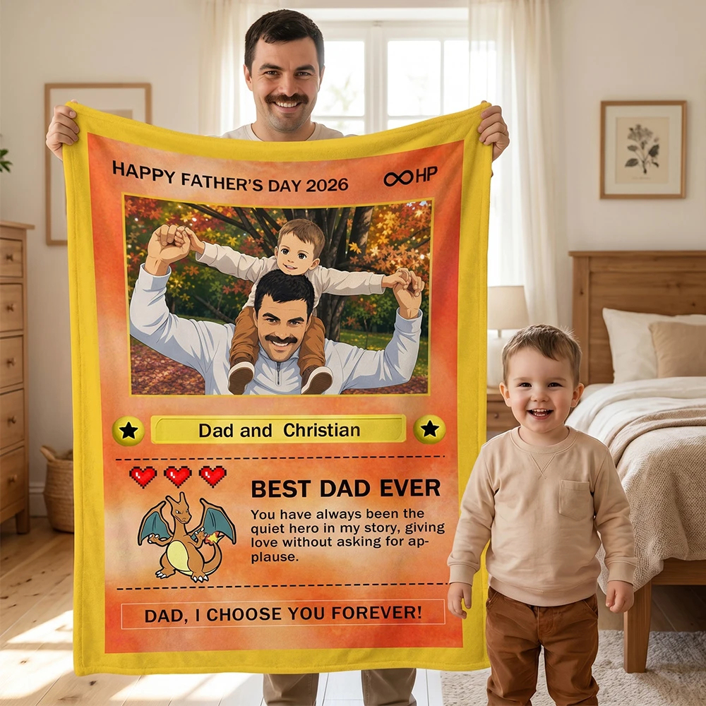 Custom Anime Photo Blanket "Best Dad Ever" Card Pokecard Style
