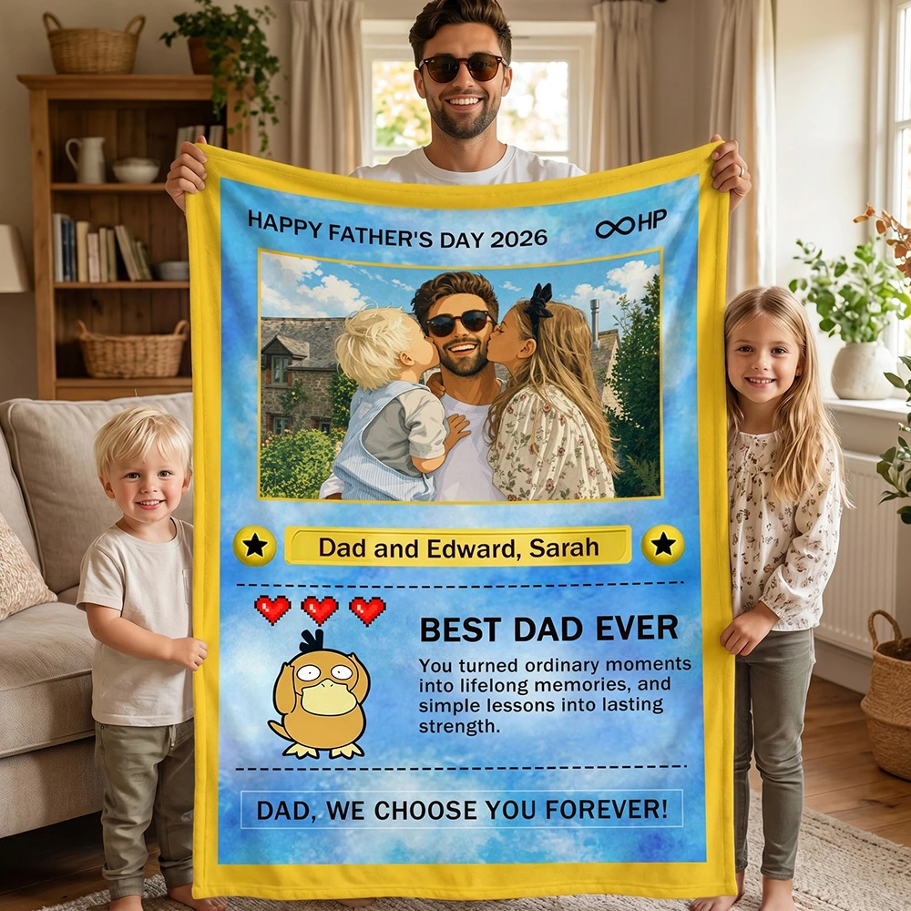 Custom Anime Photo Blanket "Best Dad Ever" Card Pokecard Style