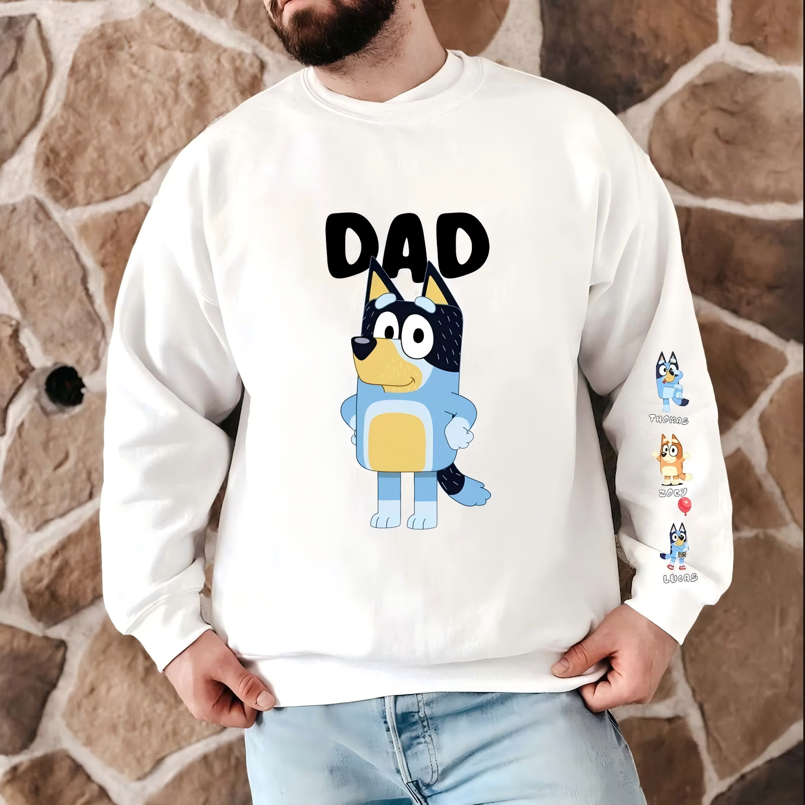 Custom Cartoon DAD Sweatshirt with Kid's Name on Sleeve