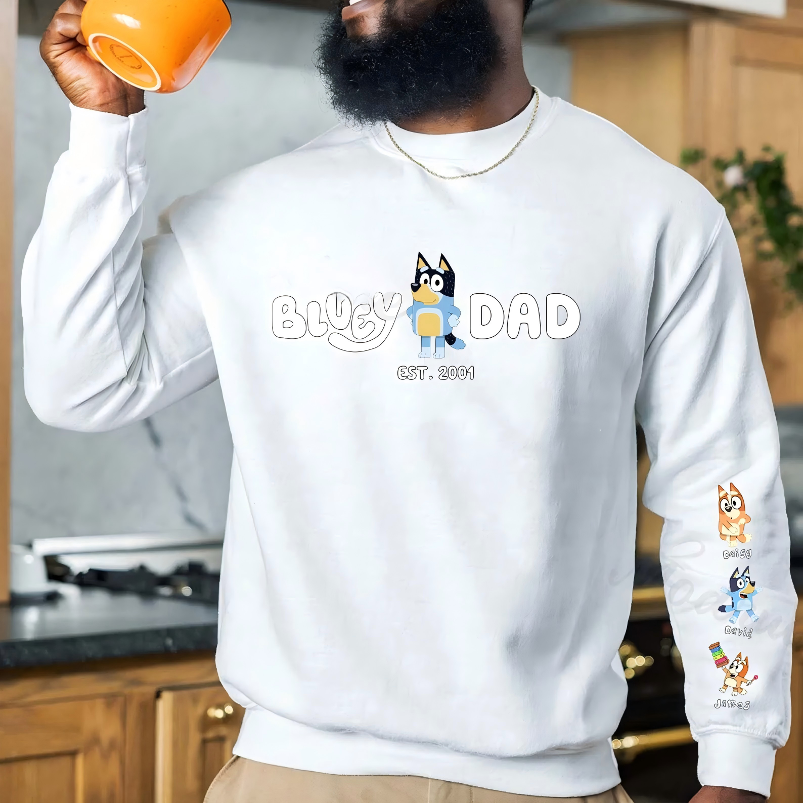 Custom Cartoon DAD Sweatshirt with Kid's Name on Sleeve