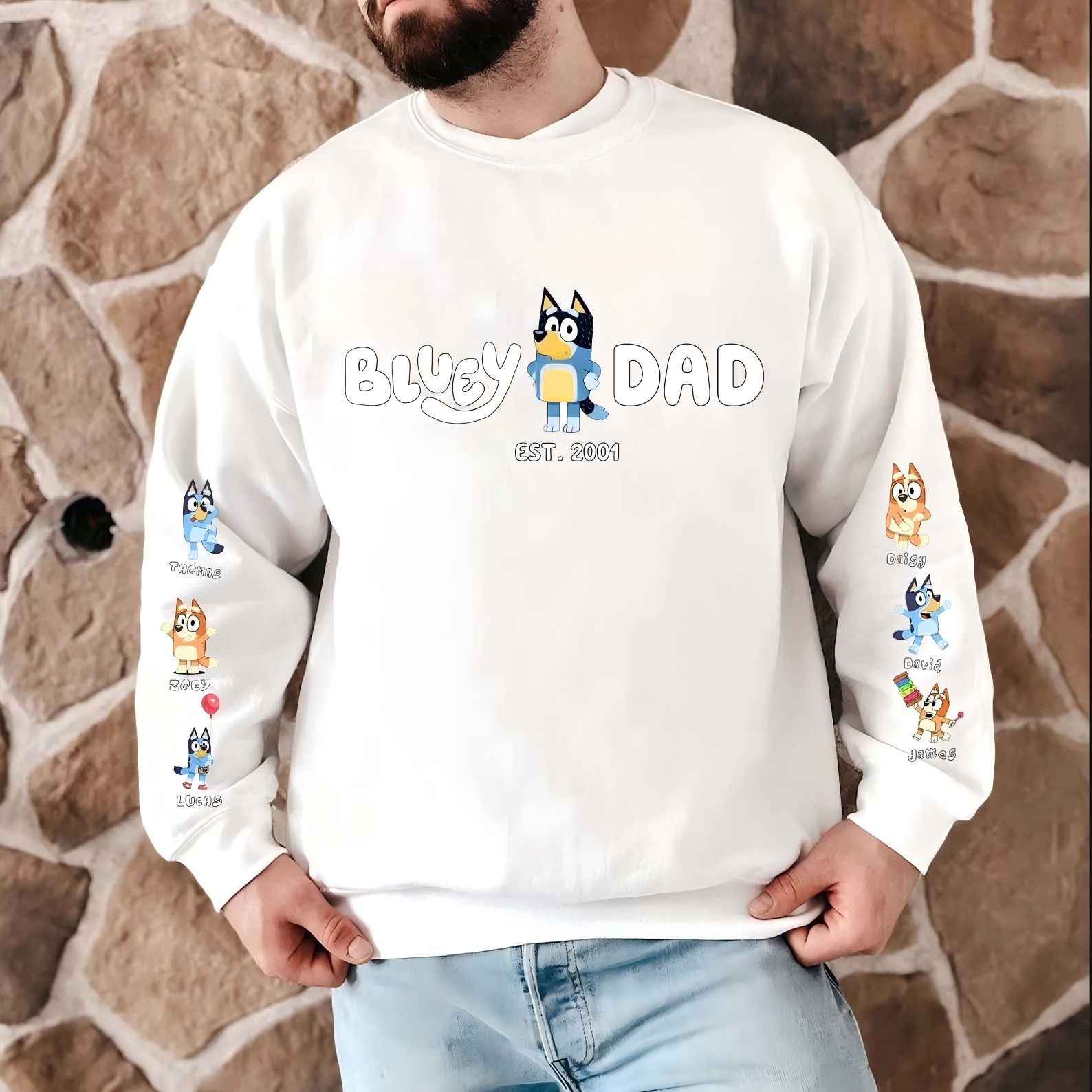 Custom Cartoon DAD Sweatshirt with Kid's Name on Sleeve