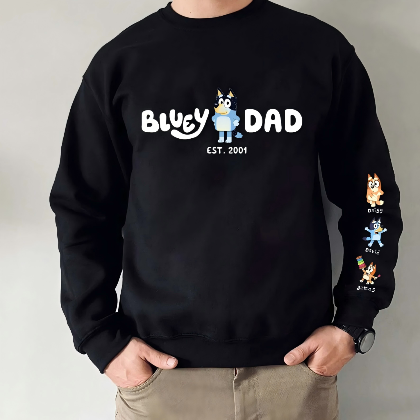 Custom Cartoon DAD Sweatshirt with Kid's Name on Sleeve