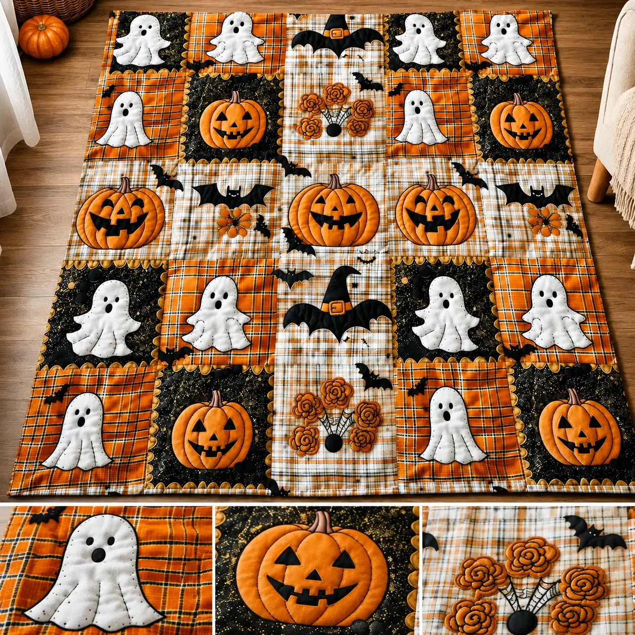 3D Effect Printed Halloween Pumpkin & Ghost Fleece Throw Blanket