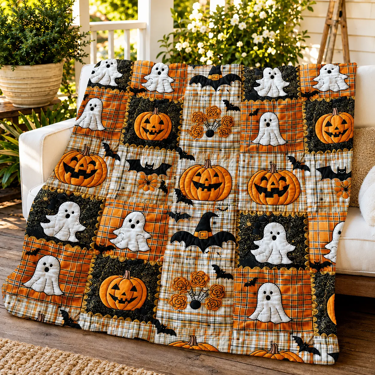 3D Effect Printed Halloween Pumpkin & Ghost Fleece Throw Blanket