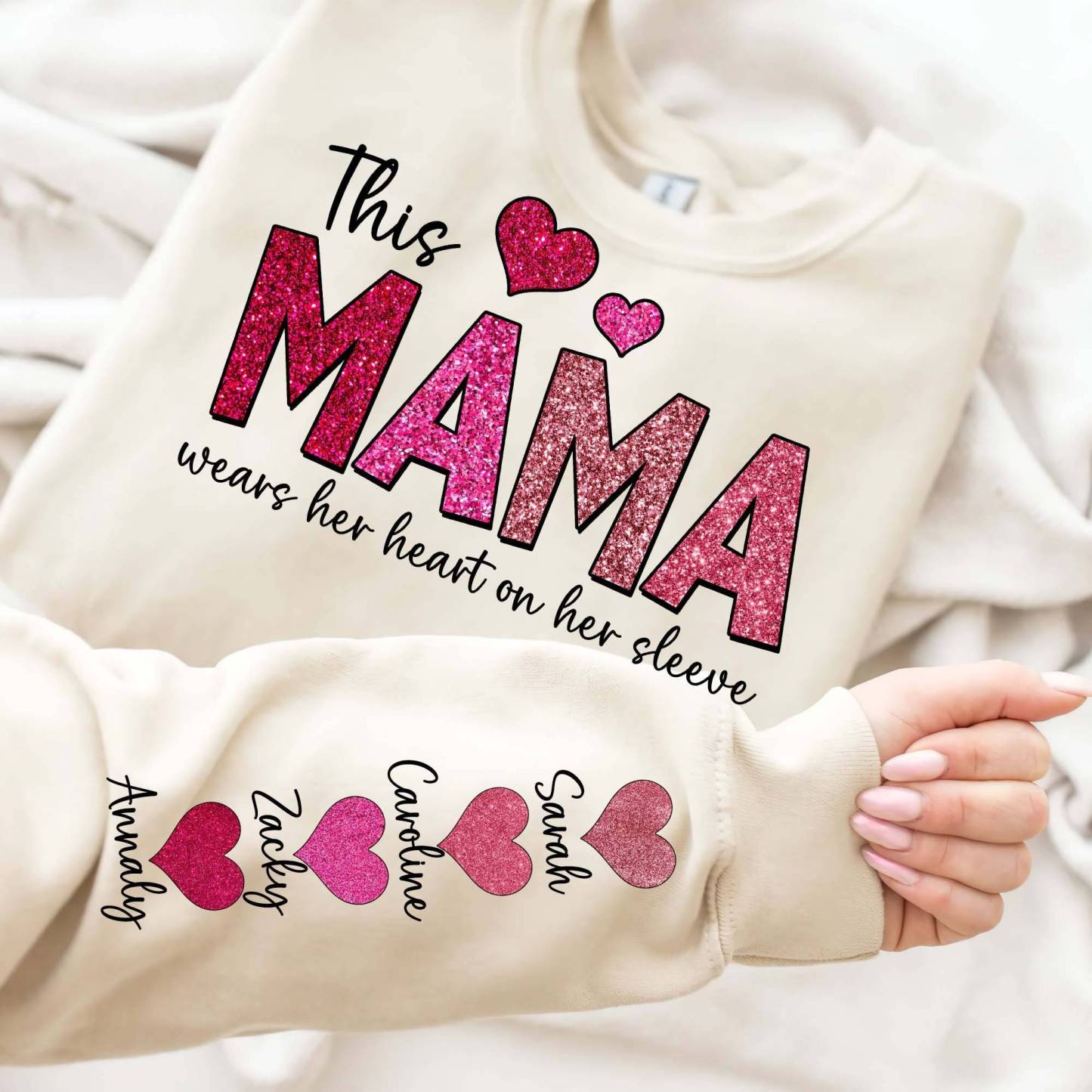 This Mama Wears Her Heart on Her Sleeve Custom Crewneck Sweatshirt source image 1