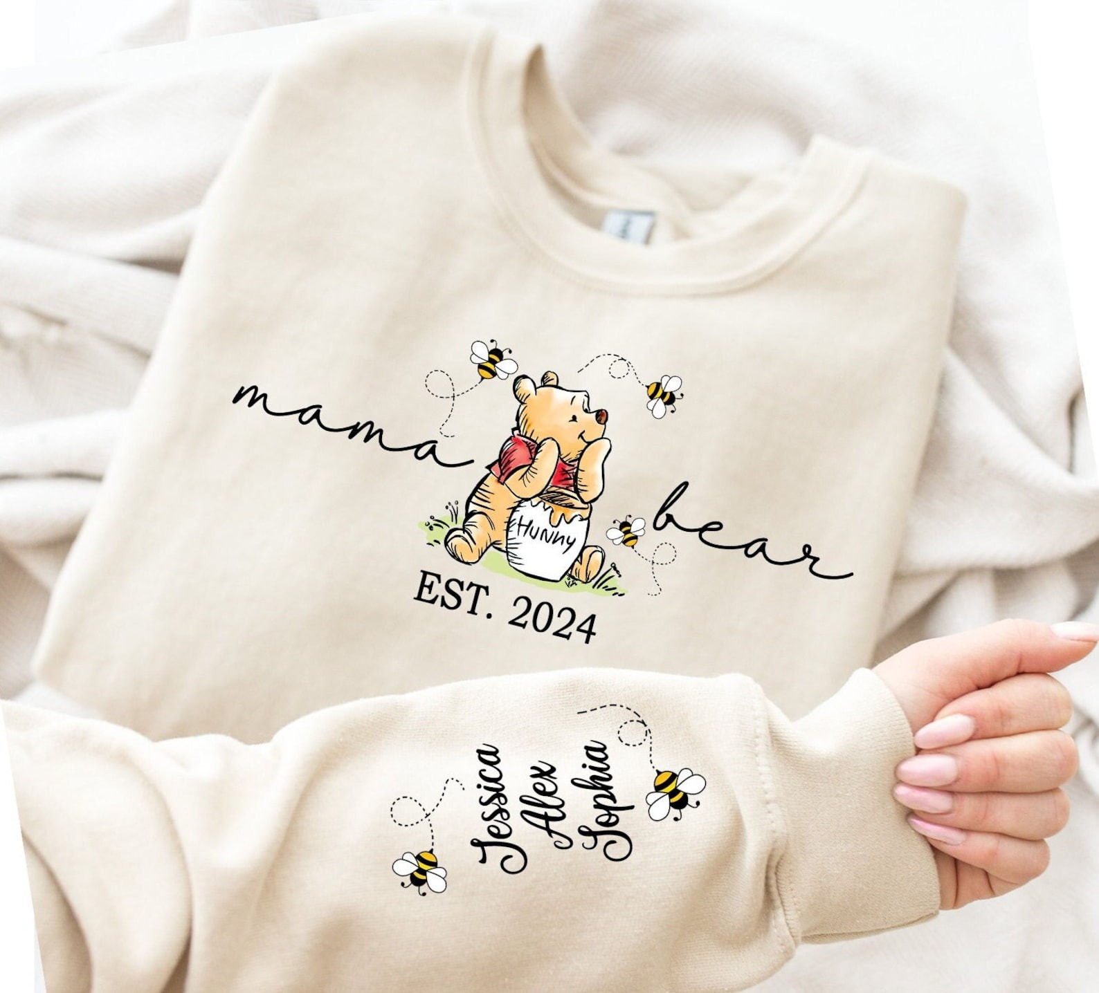 Custom mama sweatshirt with her kids name printed on sleeve and her est year source image 1