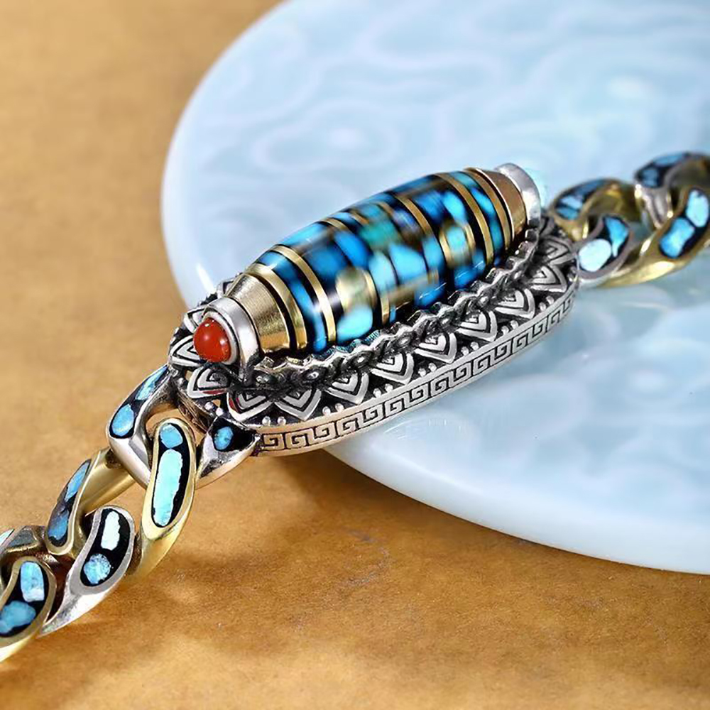 Turquoise Six-Character Mantra Nine-Eyed Dzi Bracelet