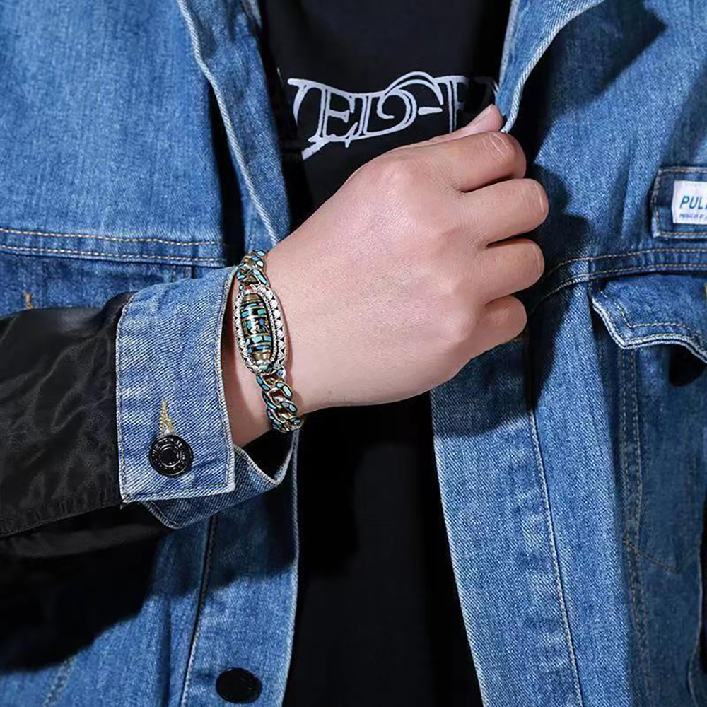 Turquoise Six-Character Mantra Nine-Eyed Dzi Bracelet