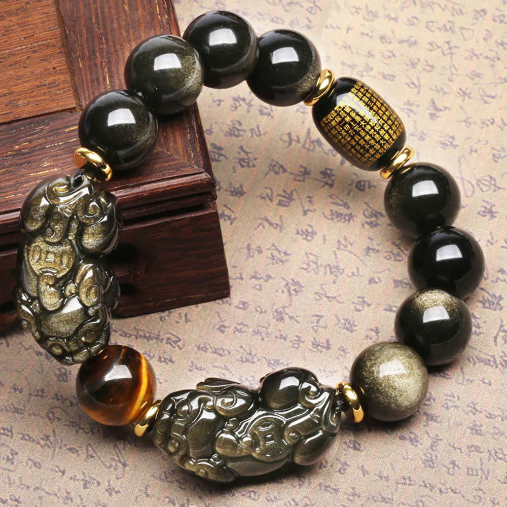 Natural Gold Obsidian Double Pixiu Bracelet