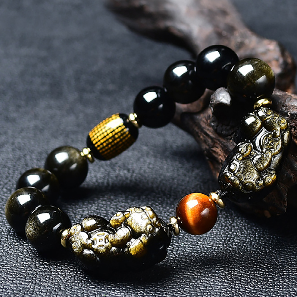 Natural Gold Obsidian Double Pixiu Bracelet