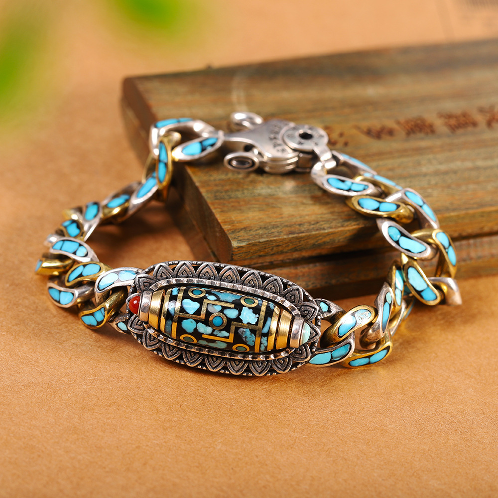 Vintage Thai Silver Rotating Dzi Bead Men's Bracelet