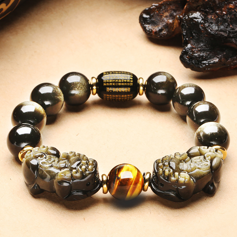 Natural Gold Obsidian Double Pixiu Bracelet