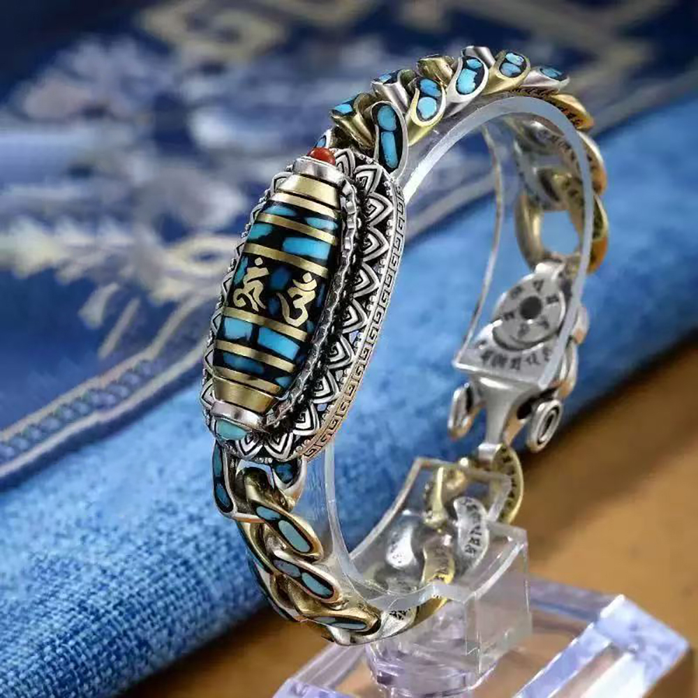 Turquoise Six-Character Mantra Nine-Eyed Dzi Bracelet