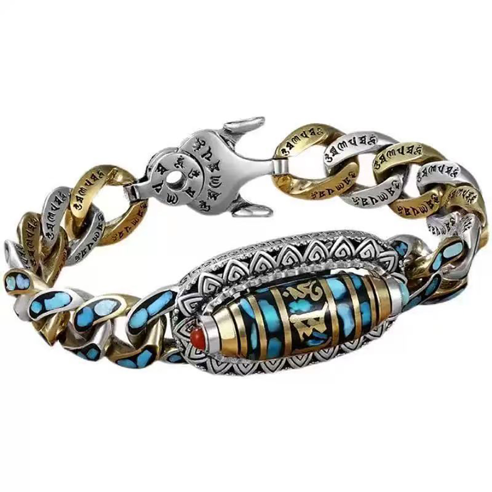 Turquoise Six-Character Mantra Nine-Eyed Dzi Bracelet