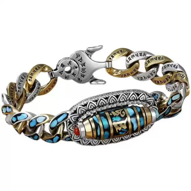 Turquoise Six-Character Mantra Nine-Eyed Dzi Bracelet