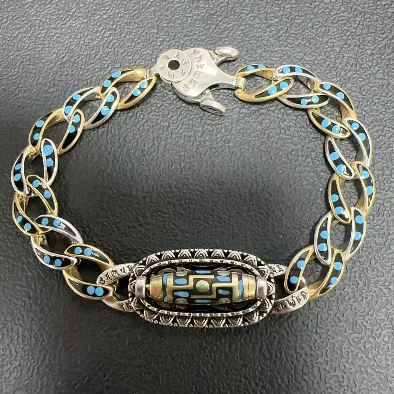 Turquoise Six-Character Mantra Nine-Eyed Dzi Bracelet