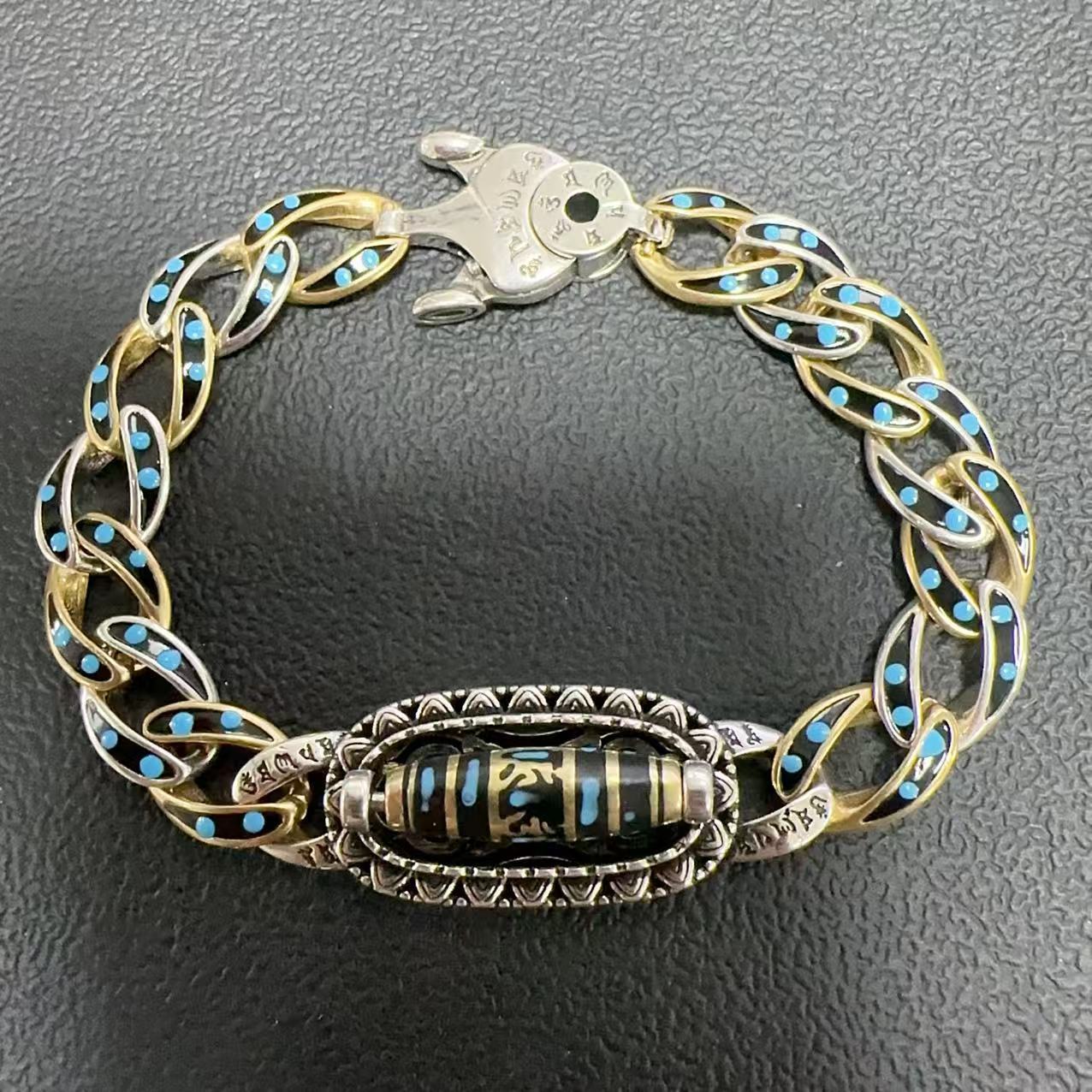 Turquoise Six-Character Mantra Nine-Eyed Dzi Bracelet
