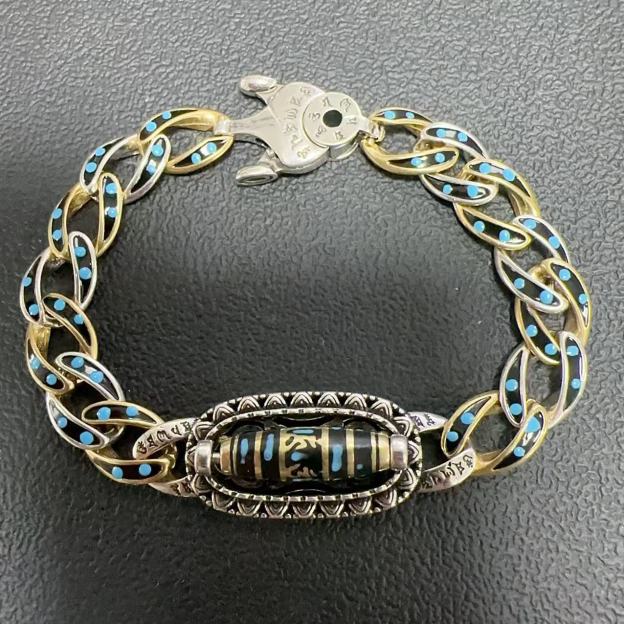 Turquoise Six-Character Mantra Nine-Eyed Dzi Bracelet