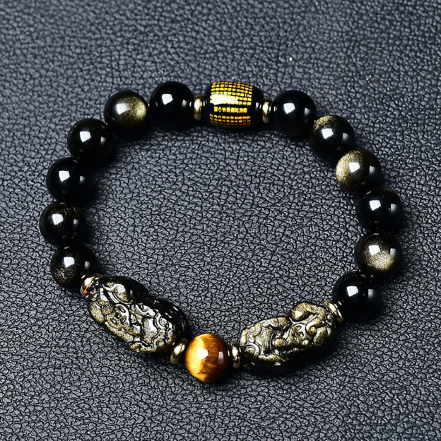 Natural Gold Obsidian Double Pixiu Bracelet