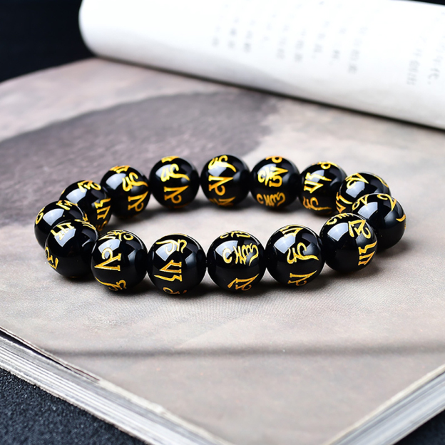 Obsidian Mani Mantra Bracelet - Luck & Protection