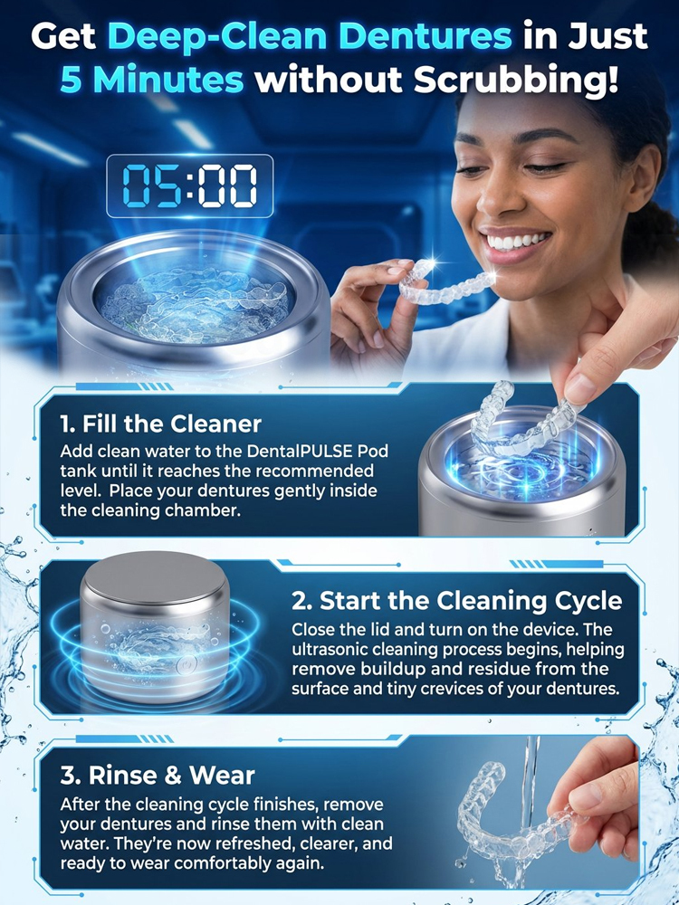 Medical-Grade Ultrasonic Cleaner for Dental Appliances [Eliminates and Inhibits 99.9% of Bacteria!]