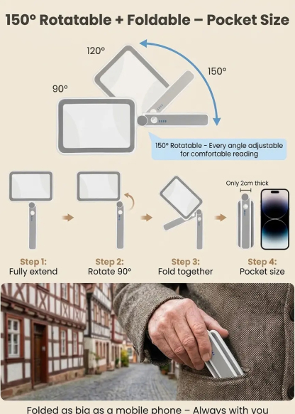 [See the world clearly anytime, anywhere] Handheld folding 4x high-definition LED magnifying glass