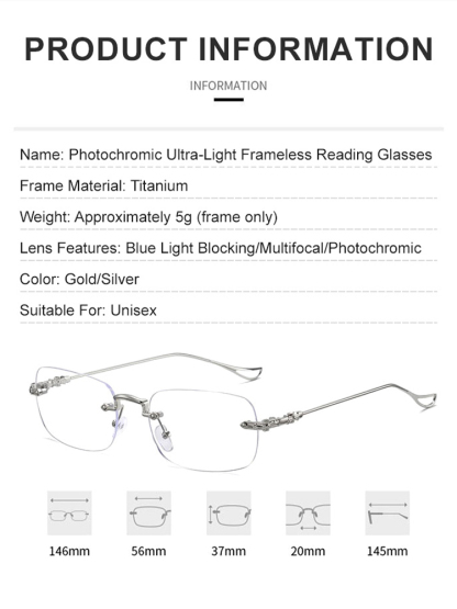 -7.0~7.0D Auto-Focus Eyeglasses-Photosensitive color-changing ultra- 👓Photosensitive color-changing ultra-light frameless reading glasses👓【Photosensitive color-changing, dual-light intelligent zoom, blue light protection, and UV protection!】