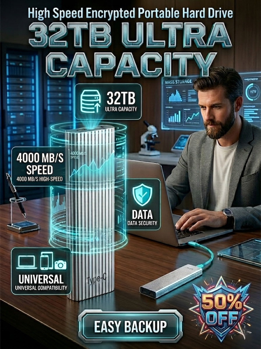 Military-grade secure and theft-proof portable hard drive! 32TB, transfer speed: 4000MB/s!