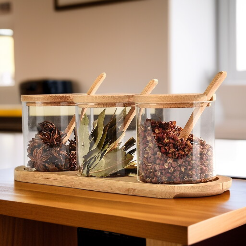 Kitchen supplies seasoning box with spoon seasoning storage salt box spice jar food grade glass jar 