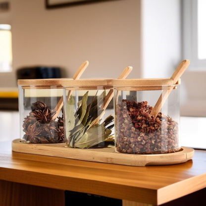 Kitchen supplies seasoning box with spoon seasoning storage salt box spice jar food grade glass jar 