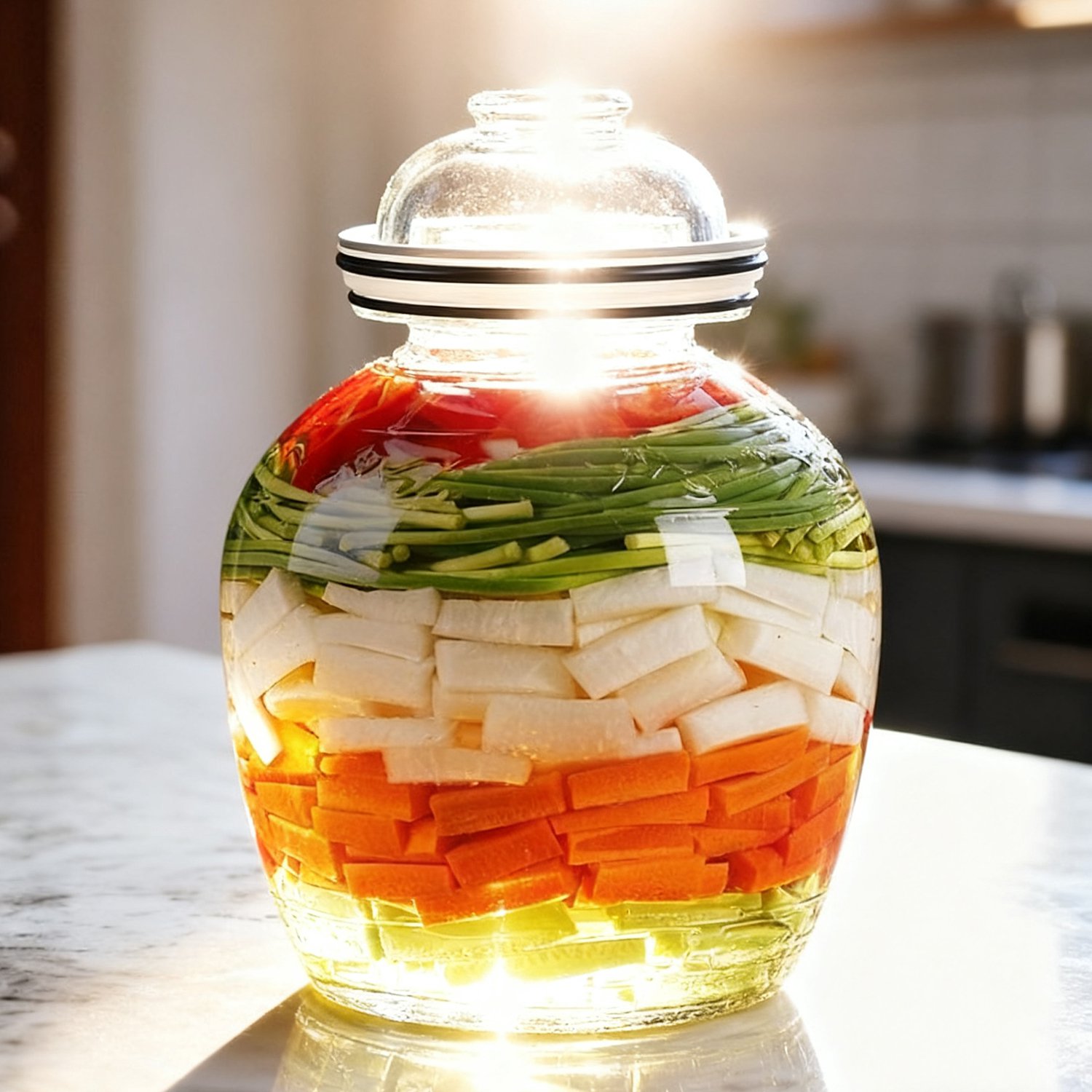 Large transparent glass kimchi jar with airtight seal